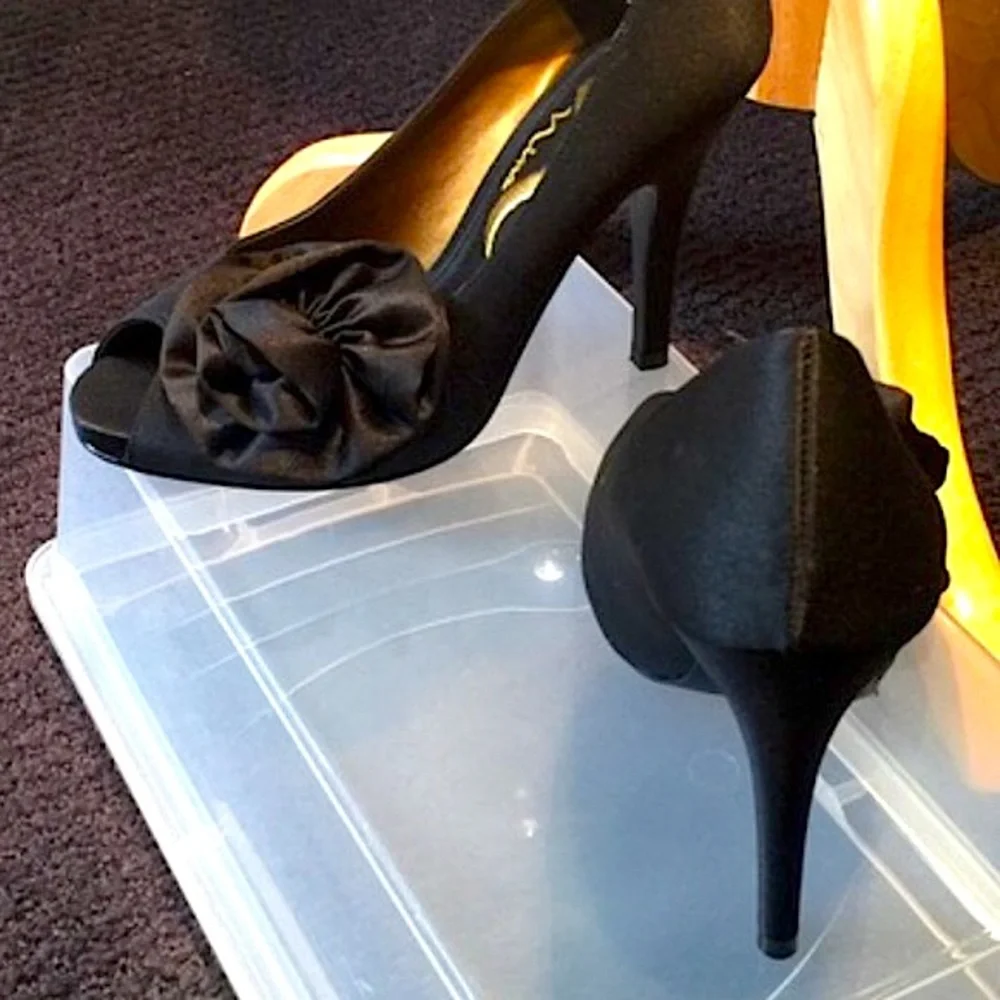 NINA Black Satin Peep-Toe Special Occasion Heels